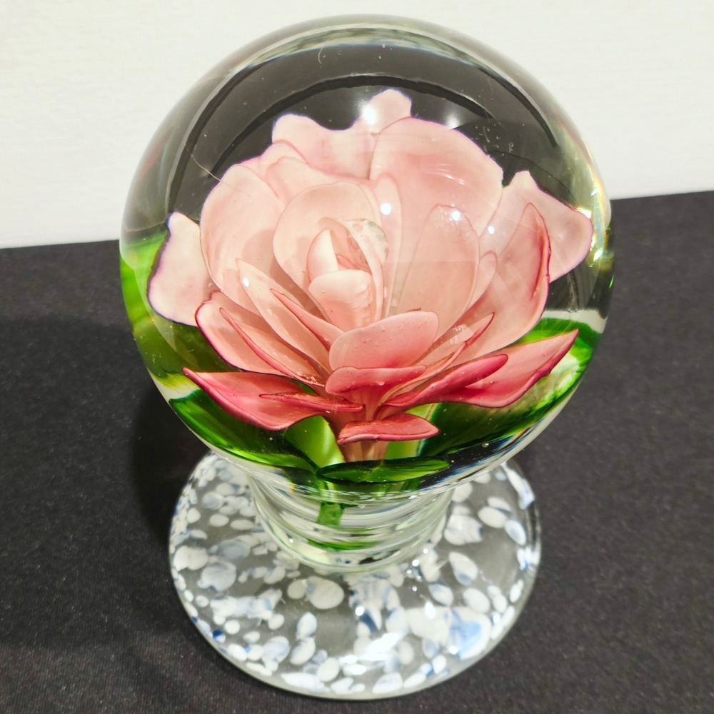 Vintage Chinese Art Glass Pedestal Paperweight Peony Rose Home Office Desk Decor